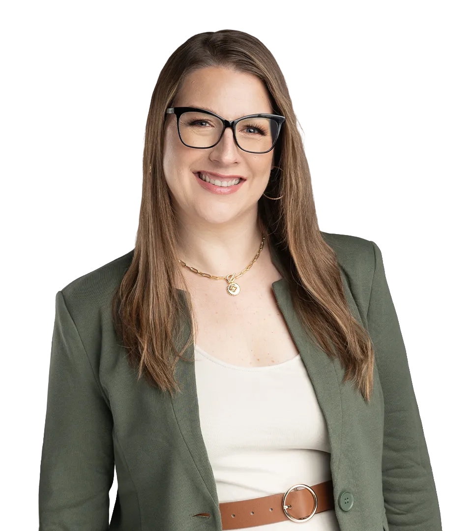 Dr. Lindsey Lee — woman with long straight hair and glasses, smiling, wearing a cream blouse and sage green blazer